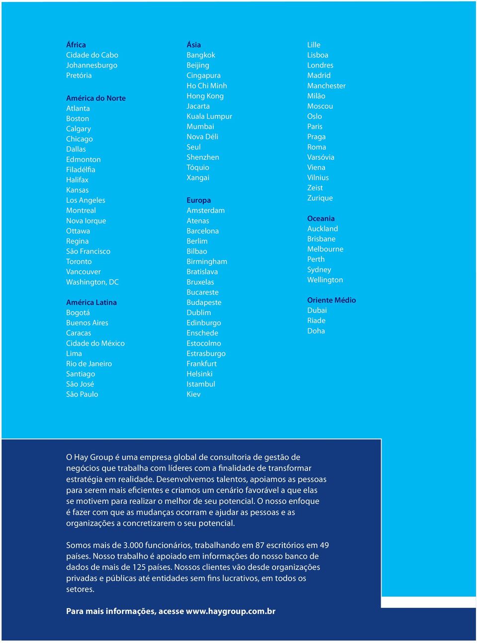 Mumbai Nova Déli Seul Shezhe Tóquio Xagai Europa Amsterdam Ateas Barceloa Berlim Bilbao Birmigham Bratislava Bruxelas Bucareste Budapeste Dublim Ediburgo Eschede Estocolmo Estrasburgo Frakfurt