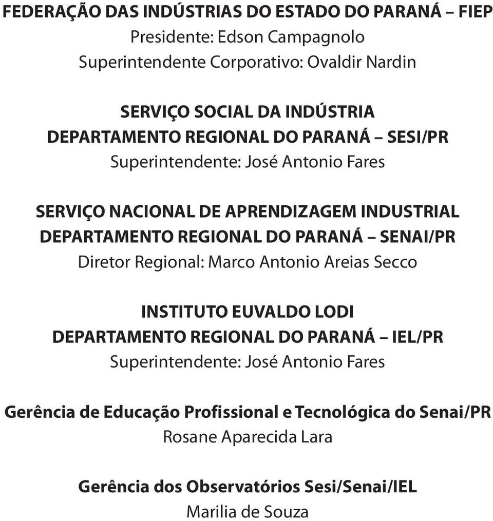 REGIONAL DO PARANÁ SENAI/PR Diretor Regional: Marco Antonio Areias Secco INSTITUTO EUVALDO LODI DEPARTAMENTO REGIONAL DO PARANÁ IEL/PR