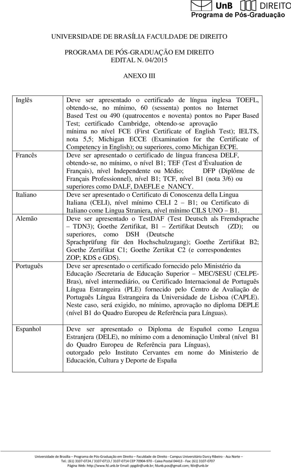 490 (quatrocentos e noventa) pontos no Paper Based Test; certificado Cambridge, obtendo-se aprovação mínima no nível FCE (First Certificate of English Test); IELTS, nota 5,5; Michigan ECCE