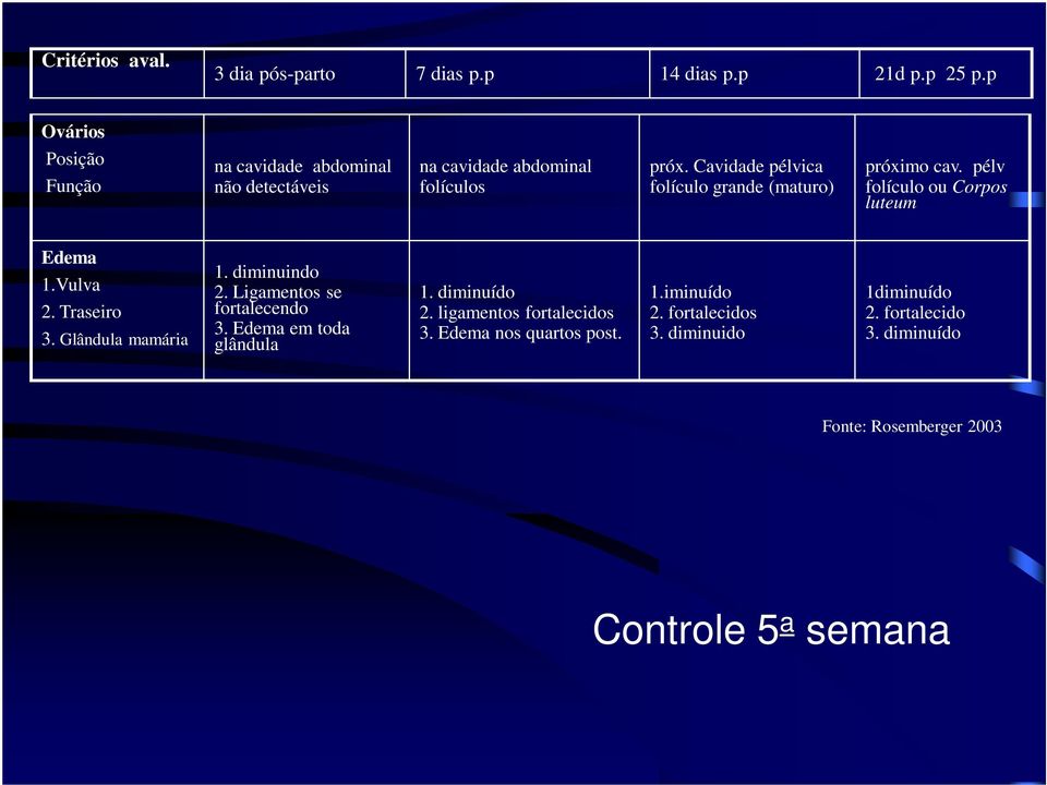 Cavidade pélvica folículo grande (maturo) próximo cav. pélv folículo ou Corpos luteum Edema 1.Vulva 2. Traseiro 3. Glândula mamária 1.