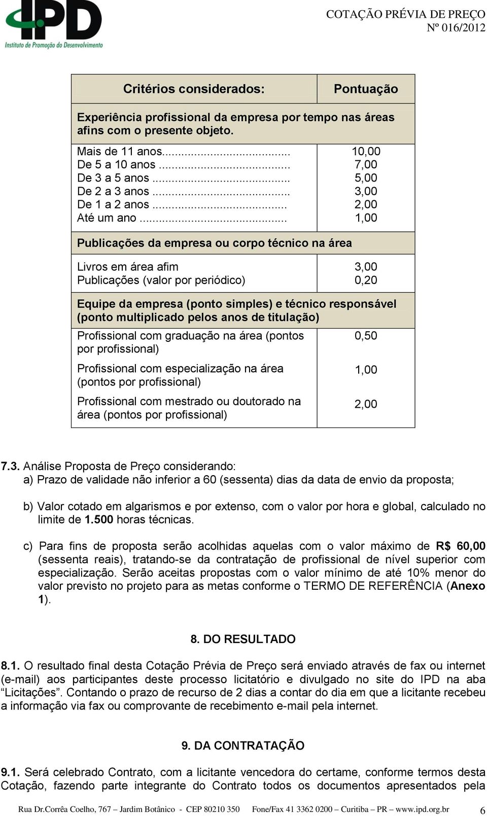 .. Publicações da empresa ou corpo técnico na área 10,00 7,00 5,00 3,00 2,00 1,00 Livros em área afim Publicações (valor por periódico) 3,00 0,20 Equipe da empresa (ponto simples) e técnico