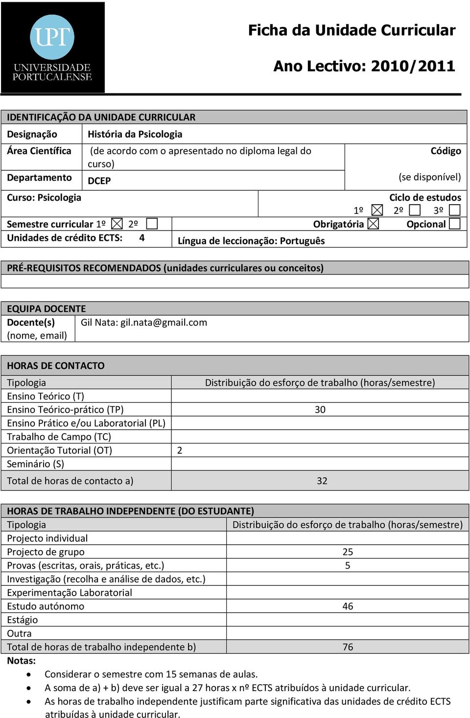 PRÉ-REQUISITOS RECOMENDADOS (unidades curriculares ou conceitos) EQUIPA DOCENTE Docente(s) Gil Nata: gil.nata@gmail.