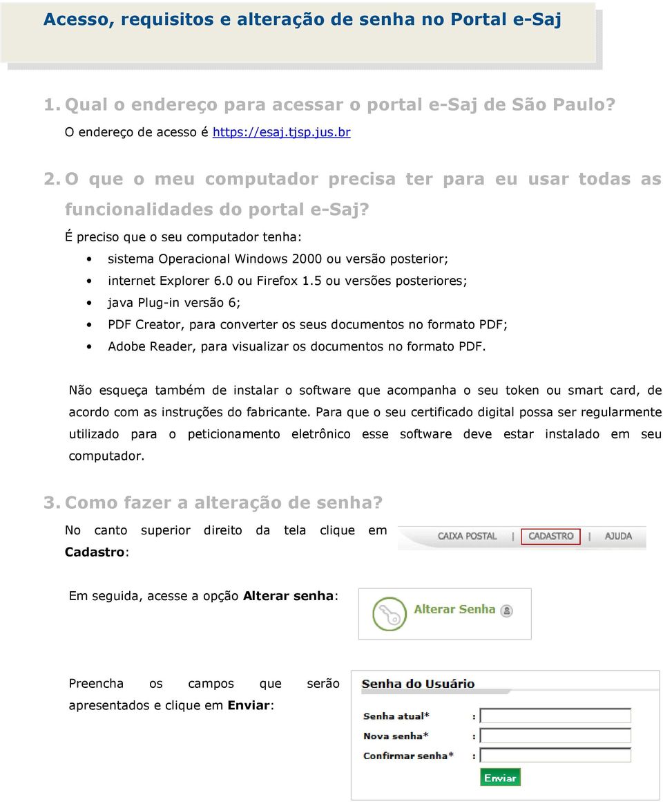 É preciso que o seu computador tenha: sistema Operacional Windows 2000 ou versão posterior; internet Explorer 6.0 ou Firefox 1.