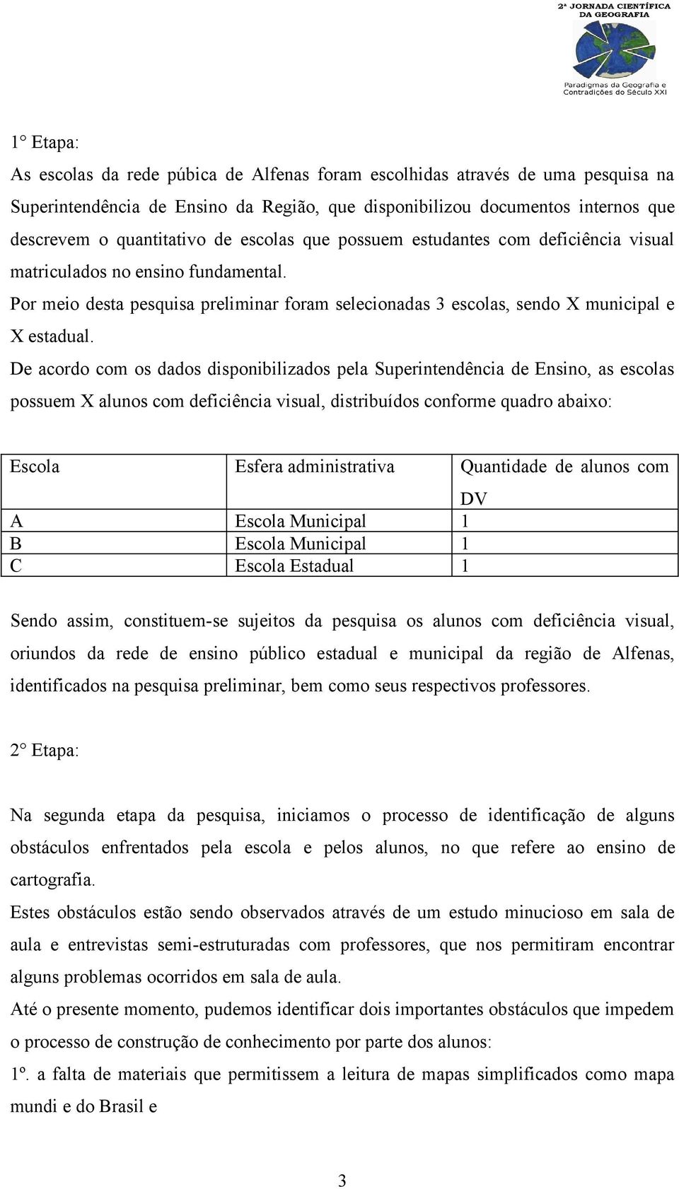 De acordo com os dados disponibilizados pela Superintendência de Ensino, as escolas possuem X alunos com deficiência visual, distribuídos conforme quadro abaixo: Escola Esfera administrativa