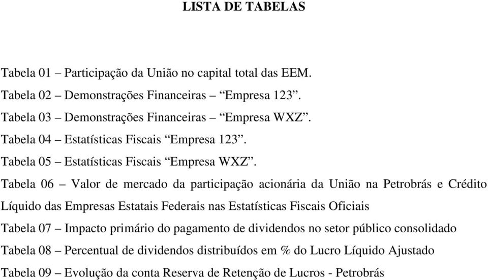 Tabela 06 Valor de mercado da participação acionária da União na Petrobrás e Crédito Líquido das Empresas Estatais Federais nas Estatísticas Fiscais Oficiais