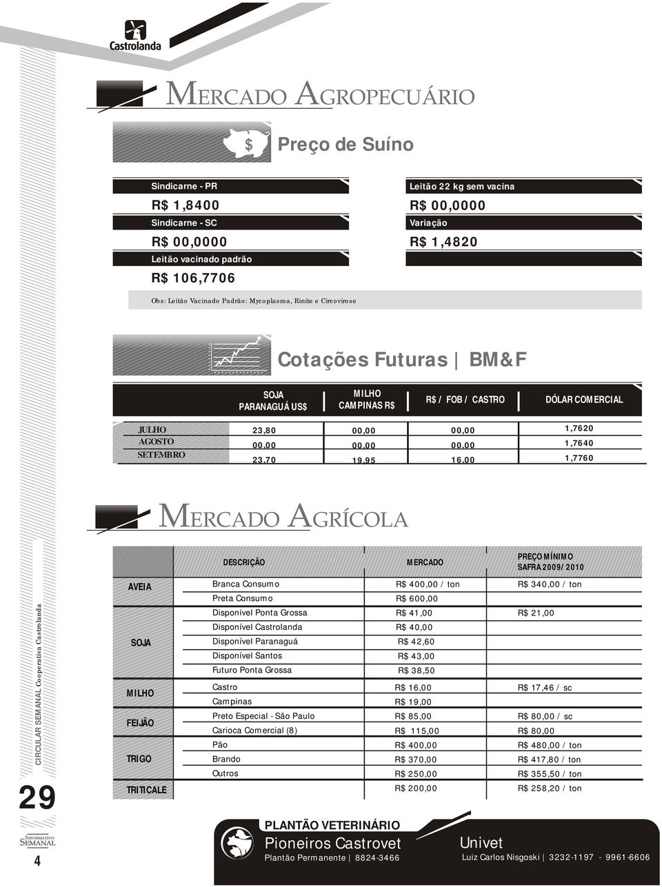 MERCADO AGRÍCOLA DESCRIÇÃO MERCADO PREÇO MÍNIMO SAFRA 2009/2010 4 AVEIA SOJA MILHO FEIJÃO TRIGO TRITICALE Branca Consumo Preta Consumo Disponível Ponta Grossa Disponível Castrolanda Disponível