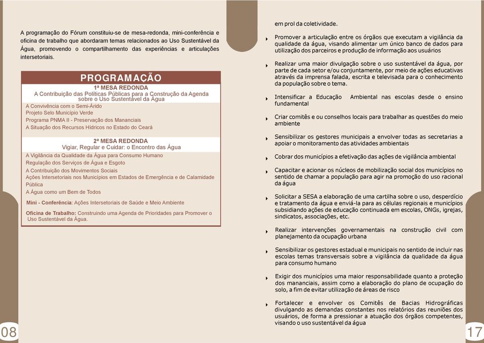 PROGRAMAÇÃO 1ª MESA REDONDA A Contribuição das Políticas Públicas para a Construção da Agenda sobre o Uso Sustentável da Água A Convivência com o Semi-Árido Projeto Selo Município Verde Programa PNMA