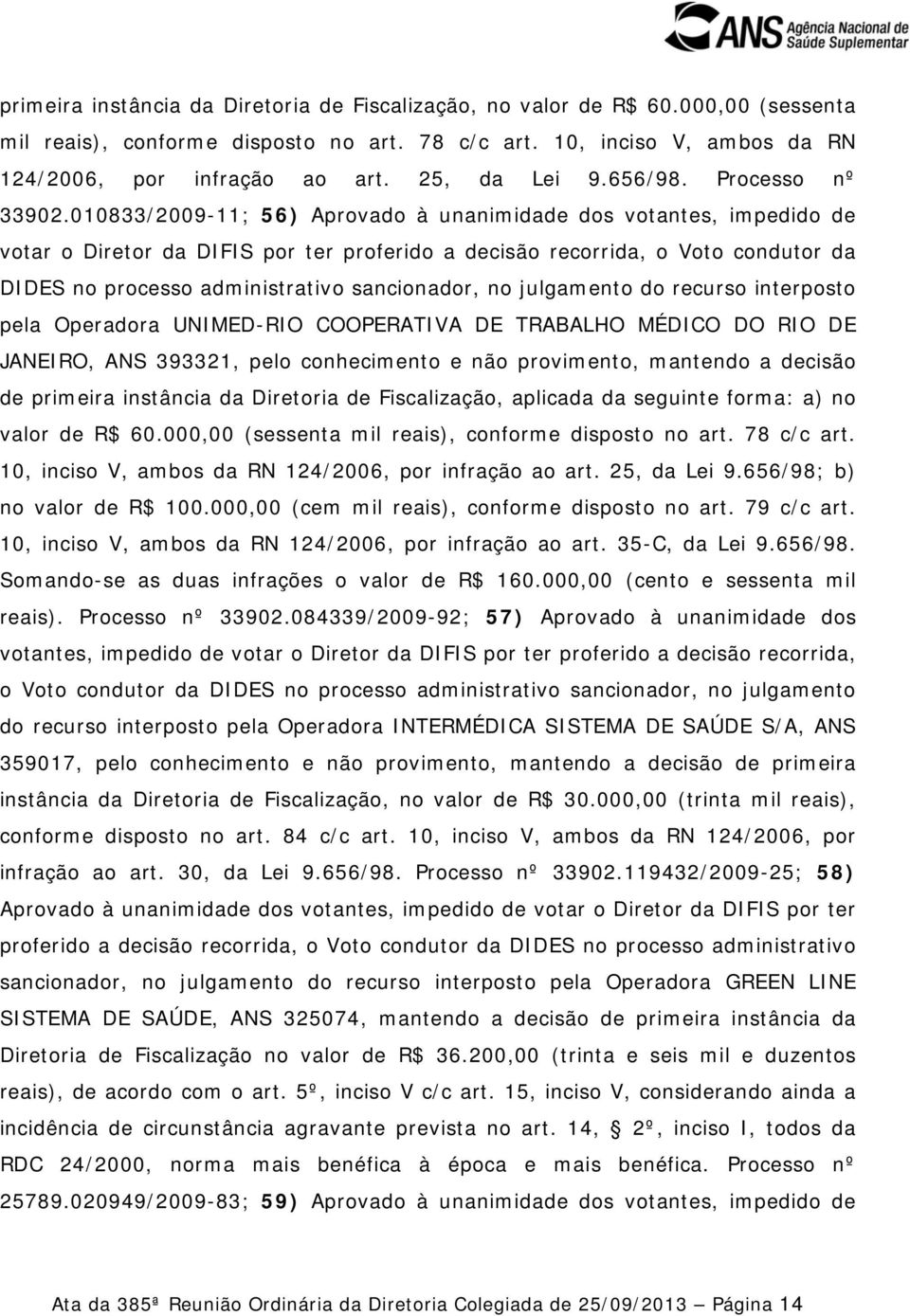 010833/2009-11; 56) Aprovado à unanimidade dos votantes, impedido de DIDES no processo administrativo sancionador, no julgamento do recurso interposto pela Operadora UNIMED-RIO COOPERATIVA DE