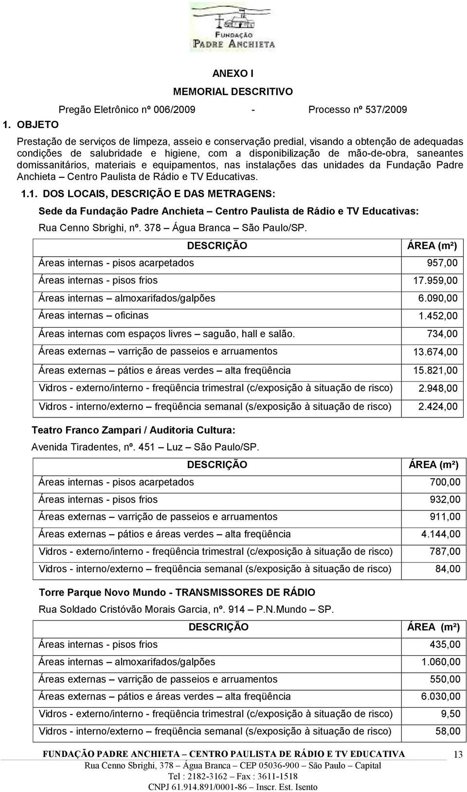 TV Educativas. 1.1. DOS LOCAIS, DESCRIÇÃO E DAS METRAGENS: Sede da Fundação Padre Anchieta Centro Paulista de Rádio e TV Educativas: Rua Cenno Sbrighi, nº. 378 Água Branca São Paulo/SP.