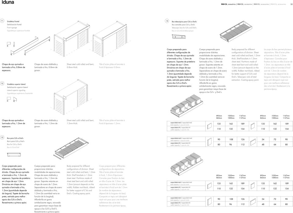 12 Sinalética superior lateral Señalización superior lateral Lateral superior signaling Signalétique supérieure d extrémité laminada a frio, 0.8mm de grosor. Sheet steel cold rolled and bent, 0.