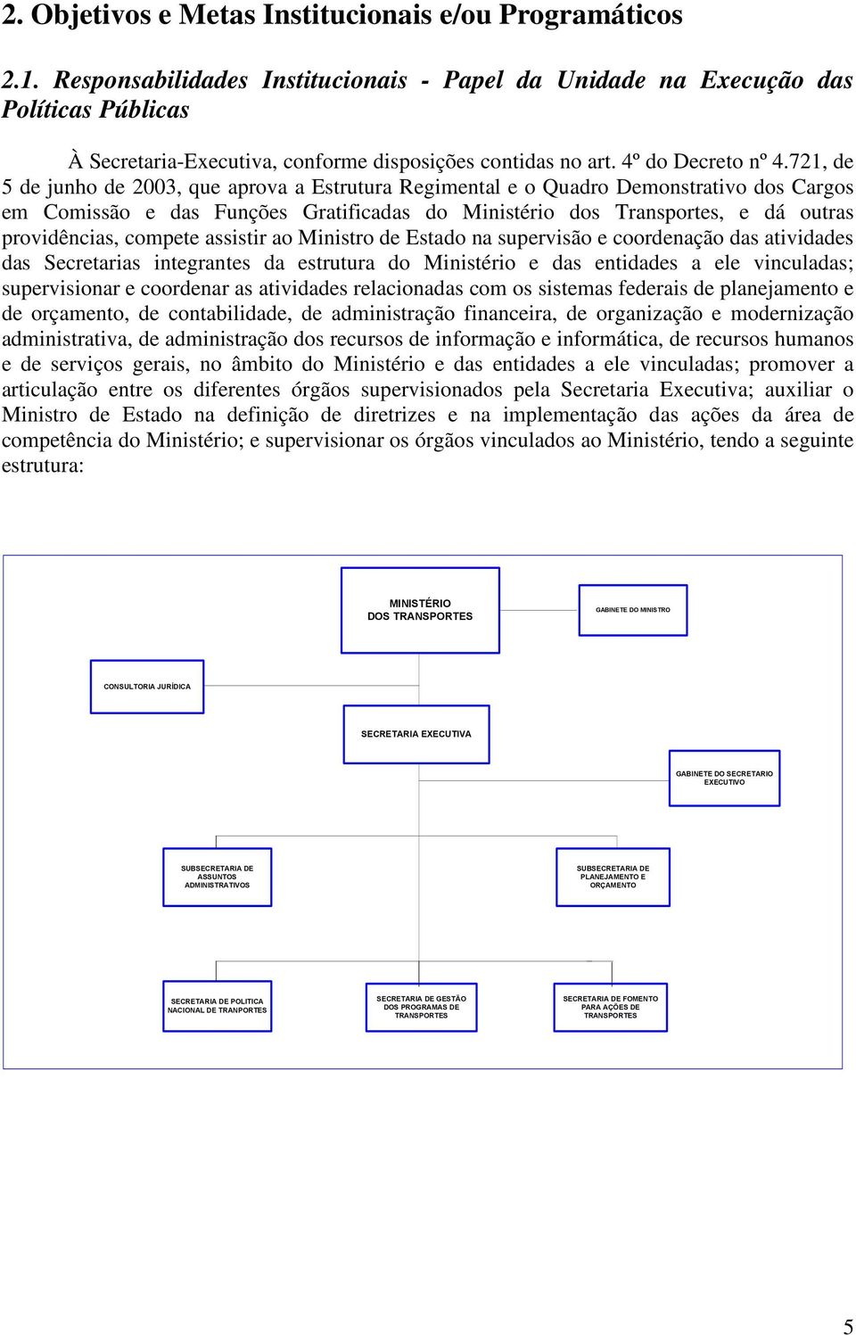 721, de 5 de junho de 2003, que aprova a Estrutura Regimental e o Quadro Demonstrativo dos Cargos em Comissão e das Funções Gratificadas do Ministério dos Transportes, e dá outras providências,