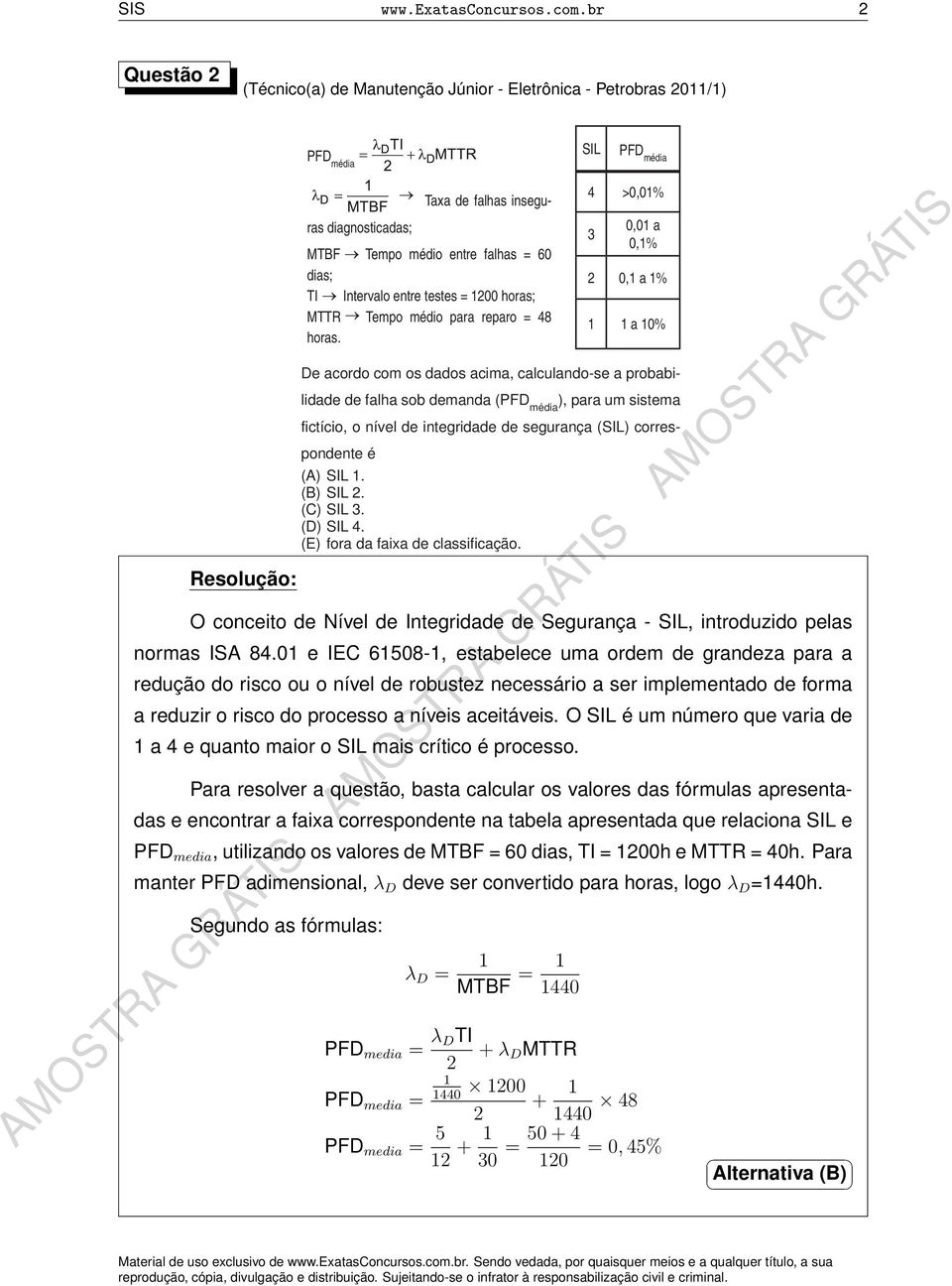 TI Intervalo entre testes = 1200 horas; MTTR Tempo médio para reparo = 48 horas.