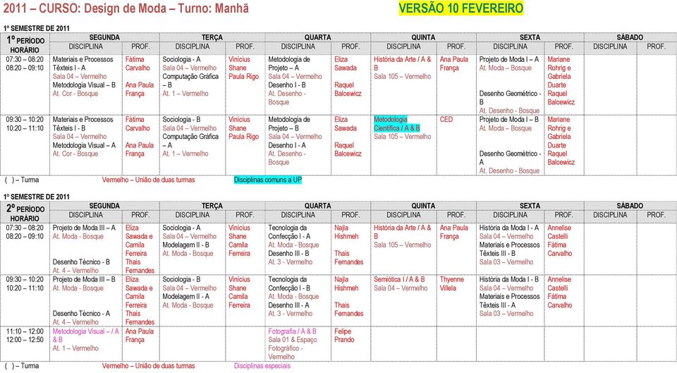 Desenho - osque 2º PERÍODO 11:10 12:00 12:00 12:50 alcewicz Sawada alcewicz História da rte / & Sala 105 Metodologia Científica / & Sala 105 t. Desenho - osque Projeto de Moda I t. Moda osque t.