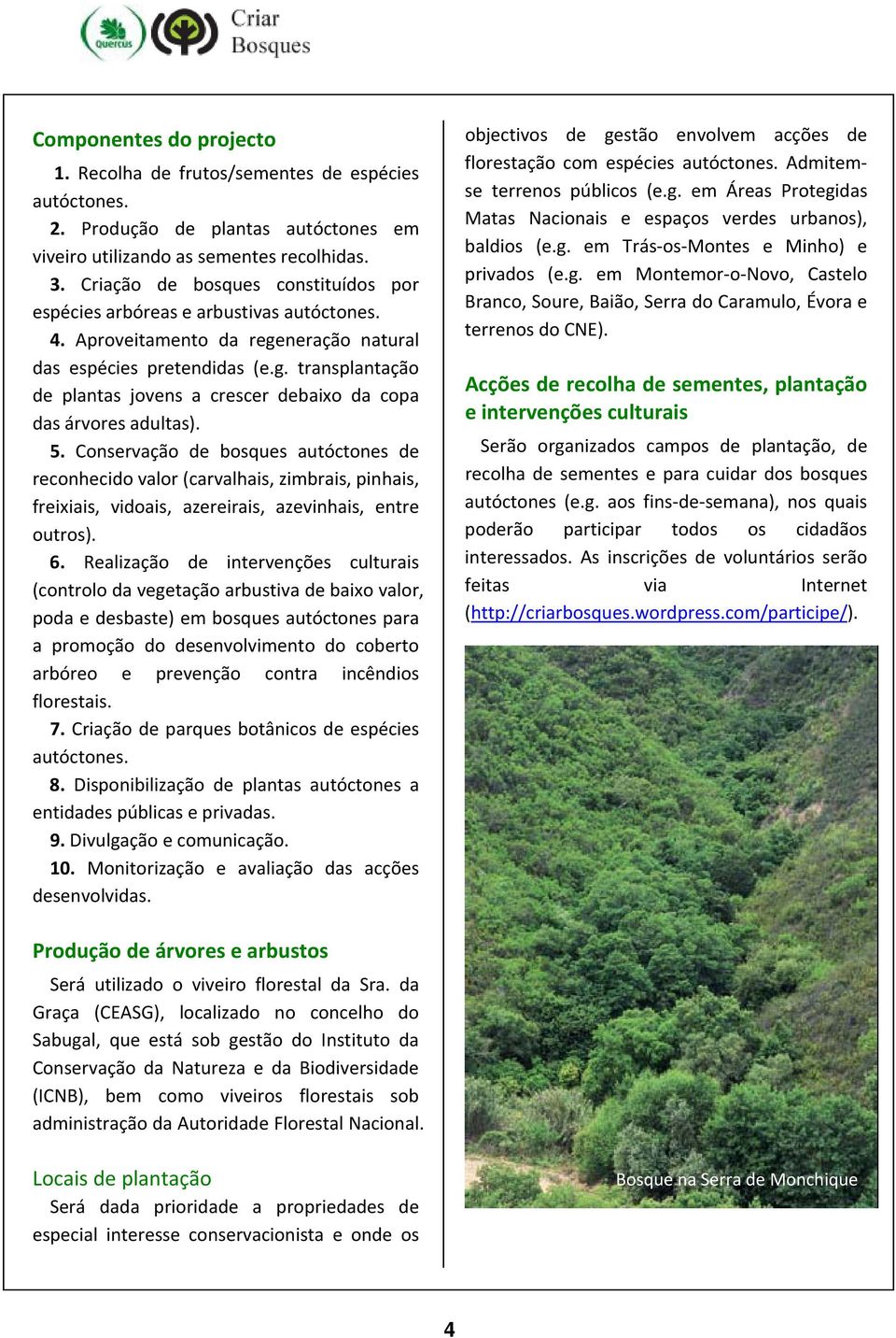 5. Conservação de bosques autóctones de reconhecido valor (carvalhais, zimbrais, pinhais, freixiais, vidoais, azereirais, azevinhais, entre outros). 6.