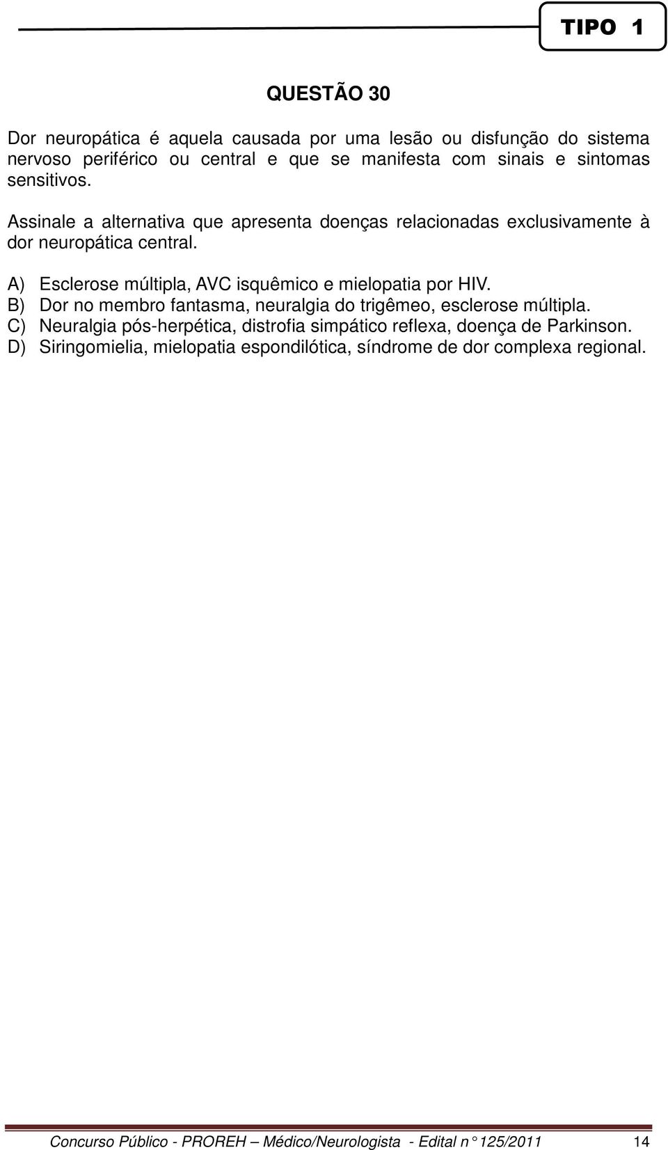 A) Esclerose múltipla, AVC isquêmico e mielopatia por HIV. B) Dor no membro fantasma, neuralgia do trigêmeo, esclerose múltipla.