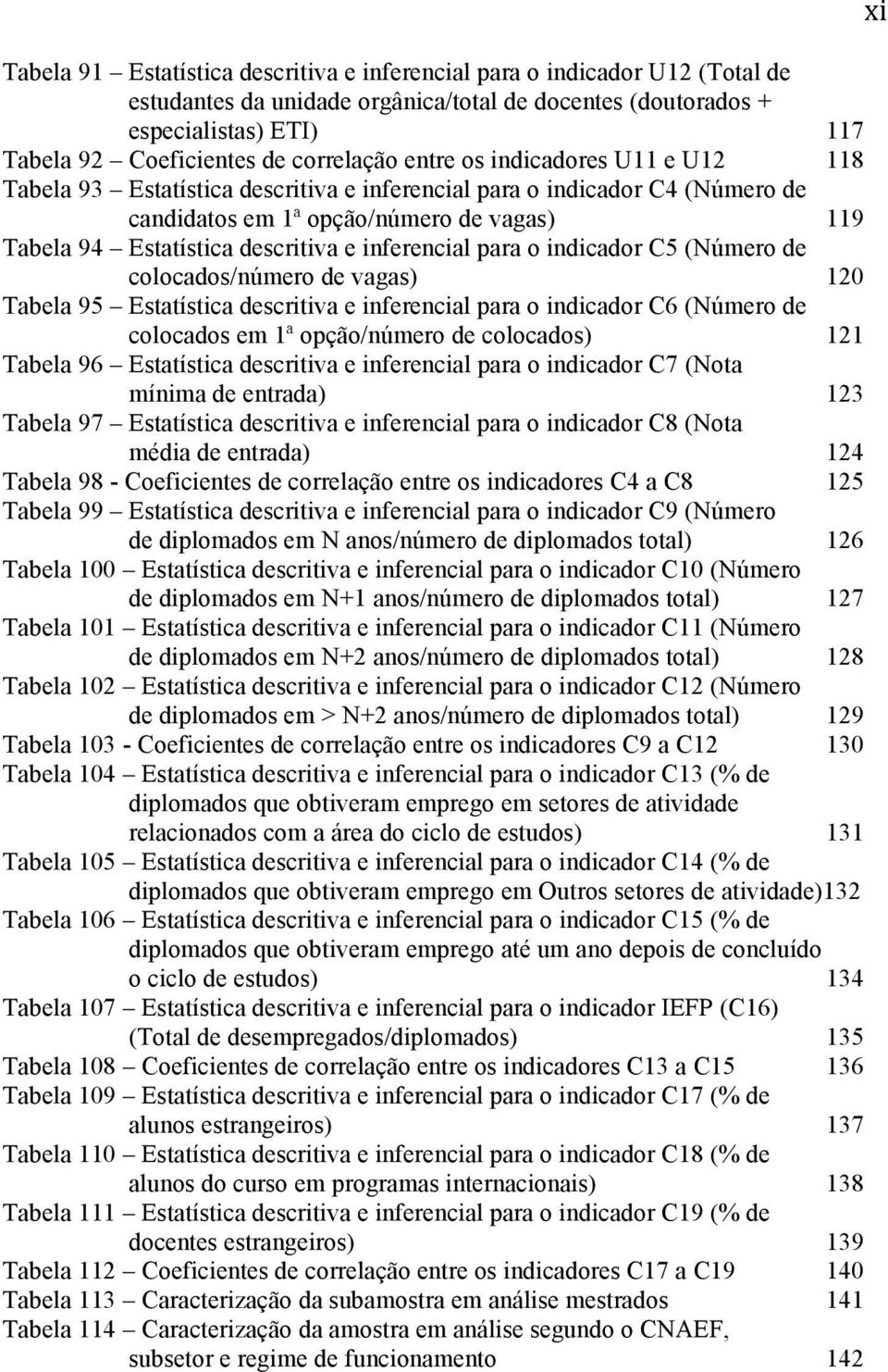 descritiva e inferencial para o indicador C5 (Número de colocados/número de vagas) 120 Tabela 95 Estatística descritiva e inferencial para o indicador C6 (Número de colocados em 1ª opção/número de