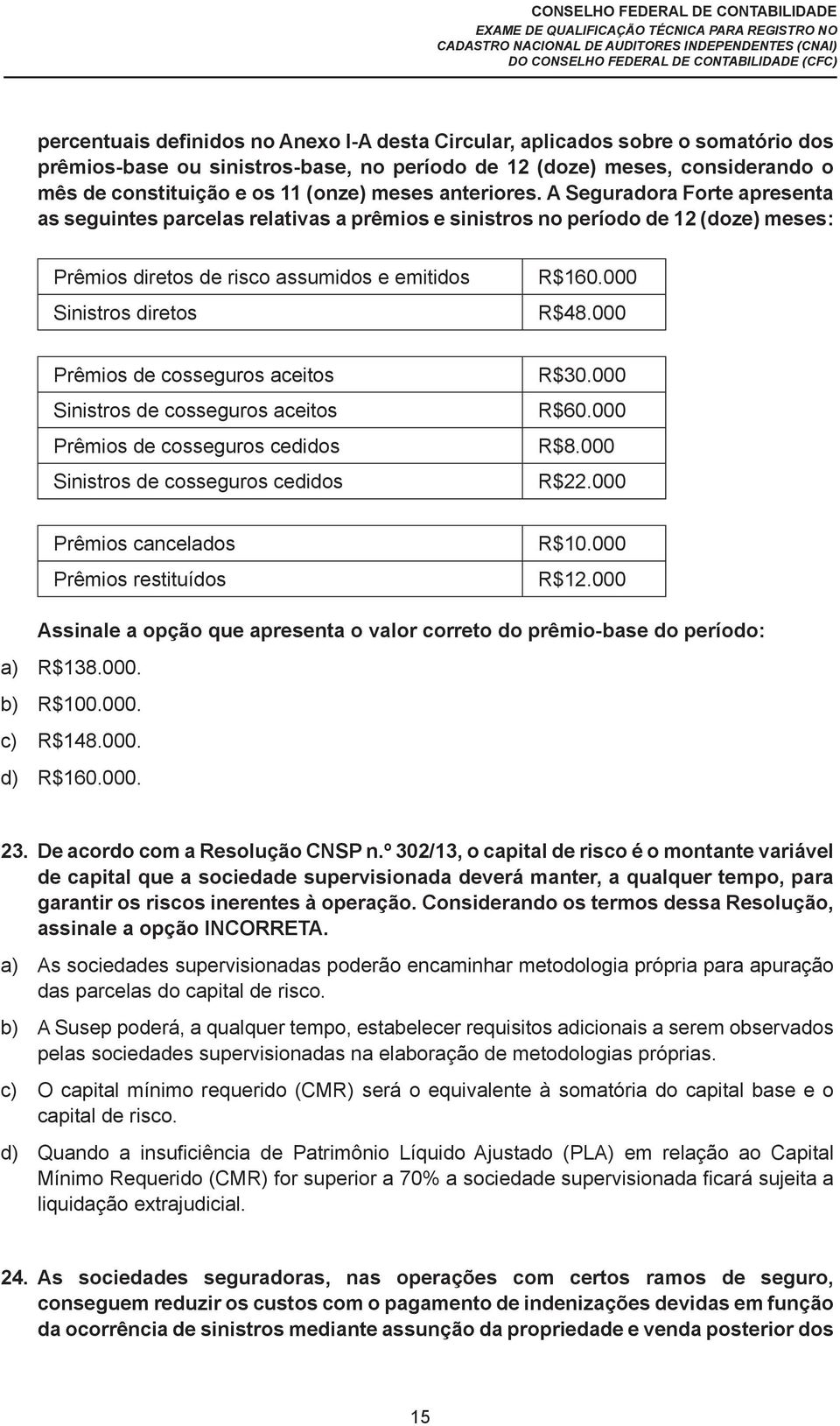 A Seguradora Forte apresenta as seguintes parcelas relativas a prêmios e sinistros no período de 12 (doze) meses: Prêmios diretos de risco assumidos e emitidos Sinistros diretos R$160.000 R$48.