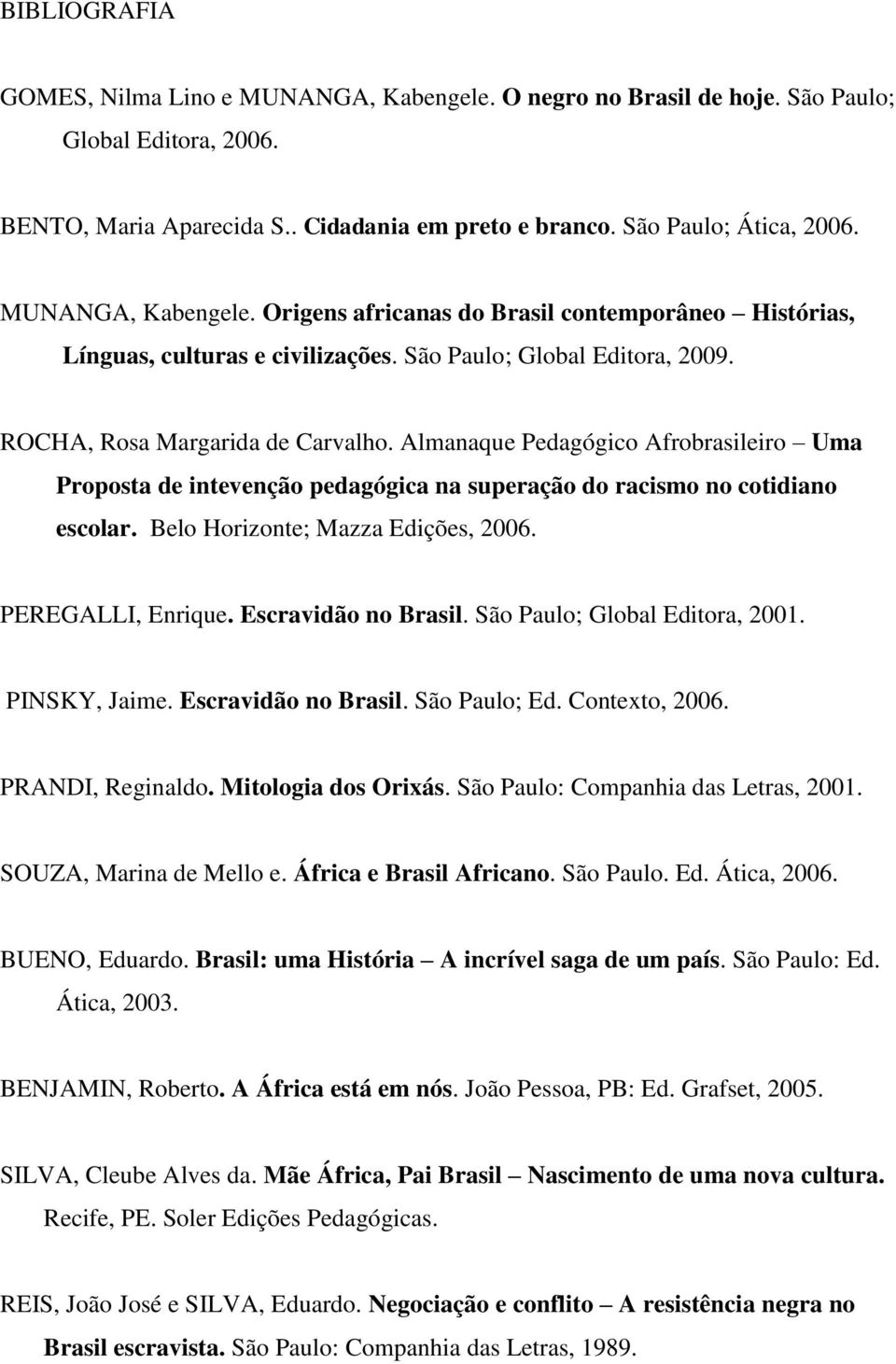 Almanaque Pedagógico Afrobrasileiro Uma Proposta de intevenção pedagógica na superação do racismo no cotidiano escolar. Belo Horizonte; Mazza Edições, 2006. PEREGALLI, Enrique. Escravidão no Brasil.