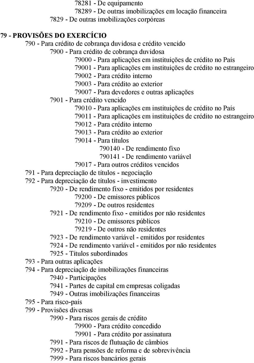 interno 79003 - Para crédito ao exterior 79007 - Para devedores e outras aplicações 7901 - Para crédito vencido 79010 - Para aplicações em instituições de crédito no País 79011 - Para aplicações em