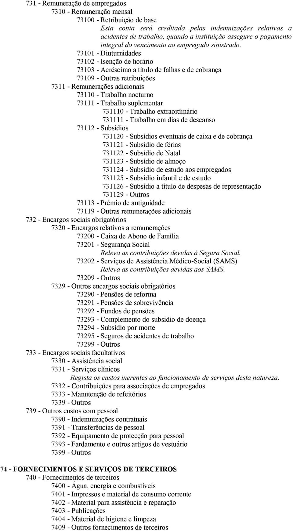 73101 - Diuturnidades 73102 - Isenção de horário 73103 - Acréscimo a título de falhas e de cobrança 73109 - Outras retribuições 7311 - Remunerações adicionais 73110 - Trabalho nocturno 73111 -