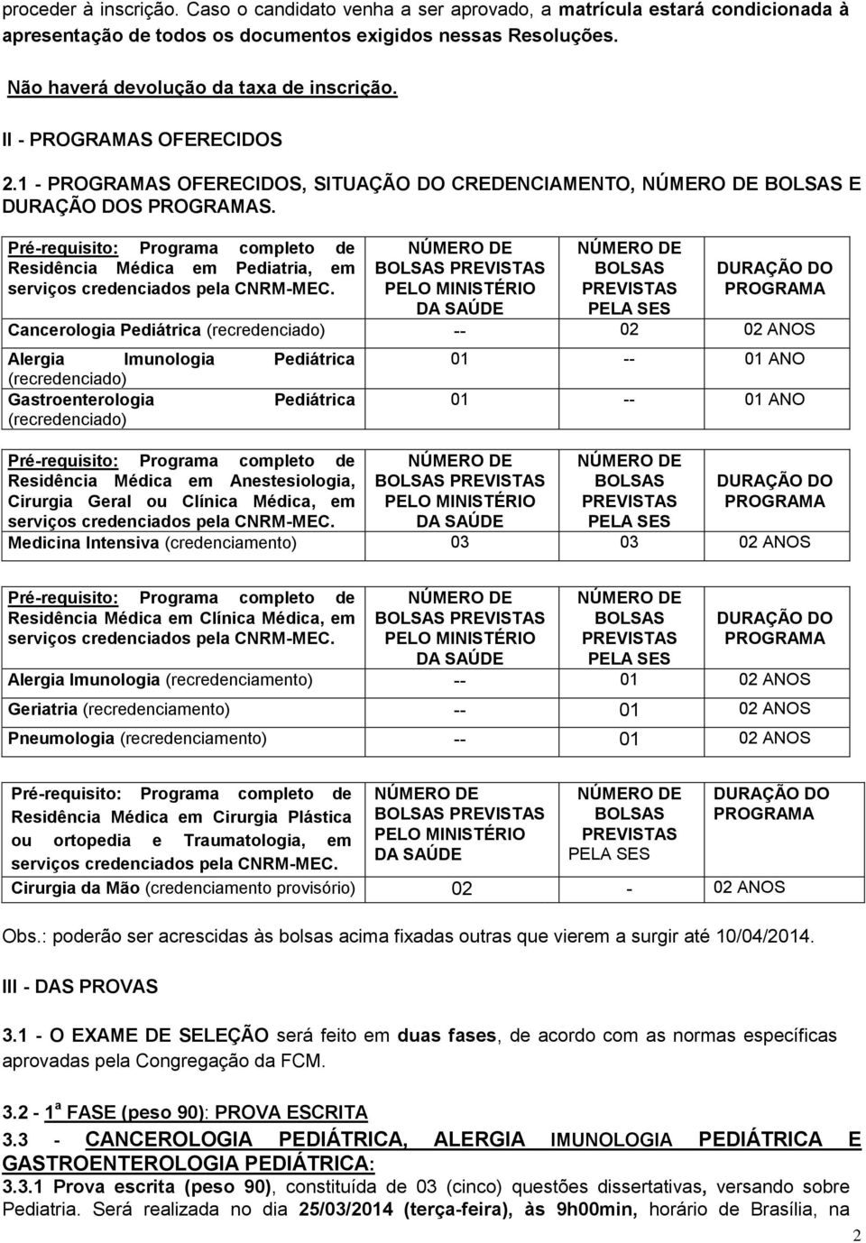 Pré-requisito: Programa completo de Residência Médica em Pediatria, em BOLSAS PREVISTAS PELO MINISTÉRIO BOLSAS PREVISTAS DURAÇÃO DO PROGRAMA Cancerologia Pediátrica (recredenciado) -- 02 02 ANOS