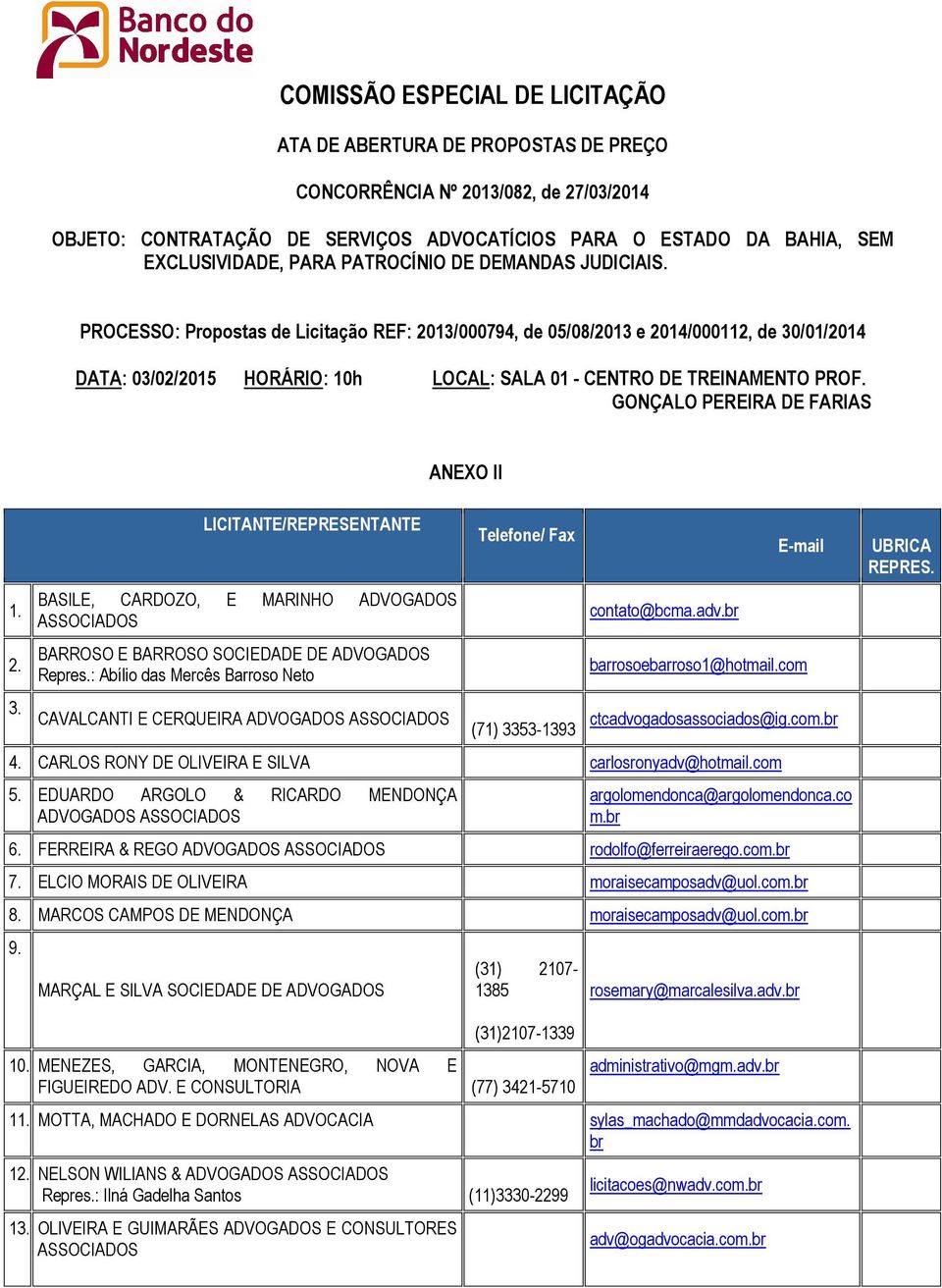 PROCESSO: Propostas de Licitação REF: 2013/000794, de 05/08/2013 e 2014/000112, de 30/01/2014 DATA: 03/02/2015 HORÁRIO: 10h LOCAL: SALA 01 - CENTRO DE TREINAMENTO PROF.