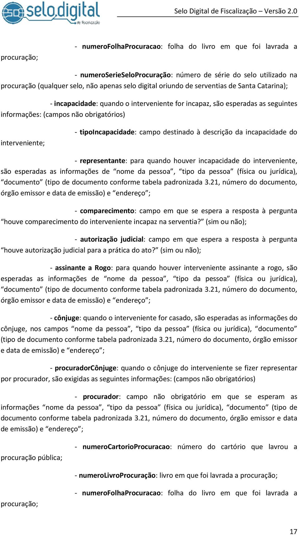 destinado à descrição da incapacidade do - representante: para quando houver incapacidade do interveniente, são esperadas as informações de nome da pessoa, tipo da pessoa (física ou jurídica),