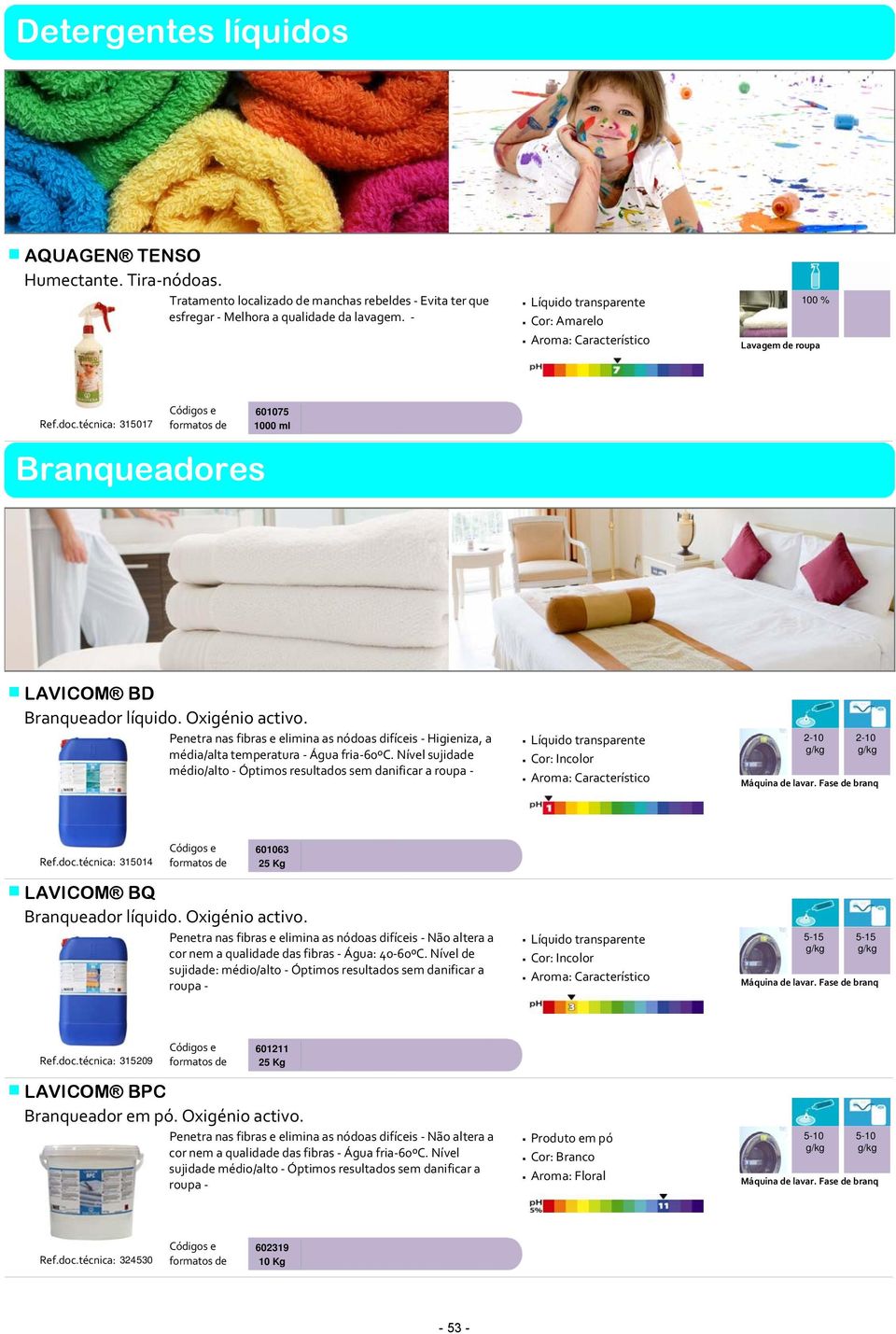 Nível sujidade médio/alto Óptimos resultados sem danificar a roupa Cor: Incolor 2-10 2-10 Máquina de lavar. Fase de branq Ref.doc.técnica: 315014 601063 LAVICOM BQ Branqueador líquido.