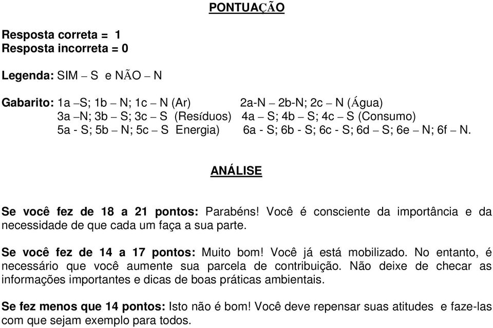 Você é consciente da importância e da necessidade de que cada um faça a sua parte. Se você fez de 14 a 17 pontos: Muito bom! Você já está mobilizado.