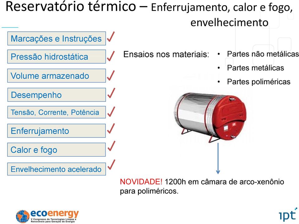 Desempenho Tensão, Corrente, Potência Enferrujamento Calor e fogo Partes metálicas Partes