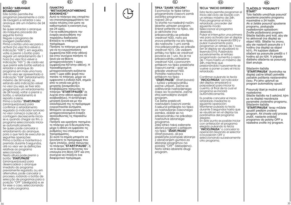 Prima o botão uma vez para o activar (no visor fica visível a indicação h00 ); em seguida, volte a premir o botão para regular um retardamento de 1 hora (no visor fica visível a indicação h01 ); de