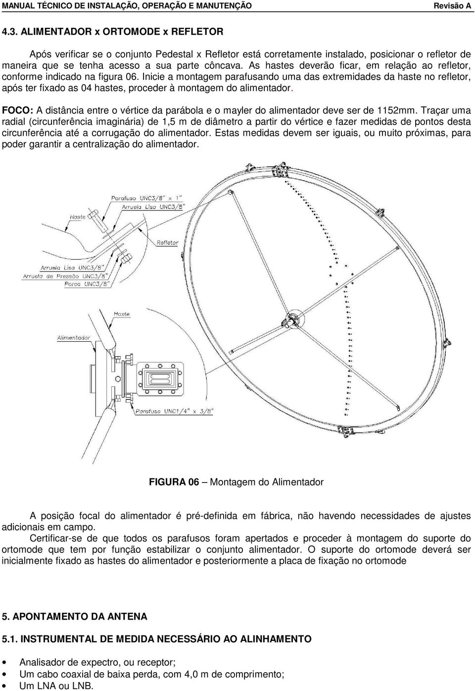 Inicie a montagem parafusando uma das extremidades da haste no refletor, após ter fixado as 04 hastes, proceder à montagem do alimentador.