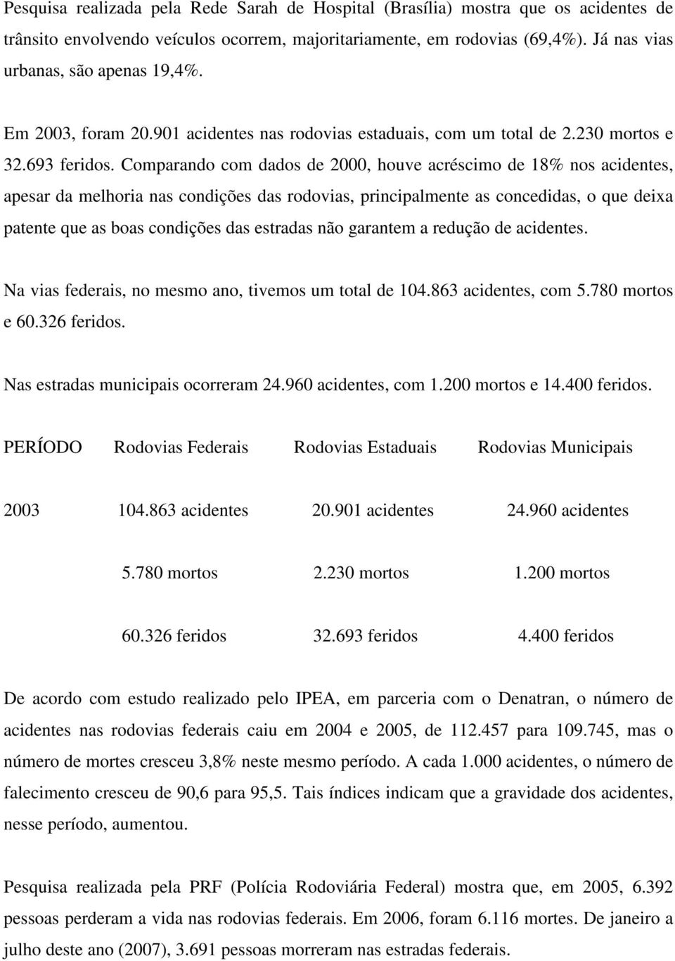 Comparando com dados de 2000, houve acréscimo de 18% nos acidentes, apesar da melhoria nas condições das rodovias, principalmente as concedidas, o que deixa patente que as boas condições das estradas