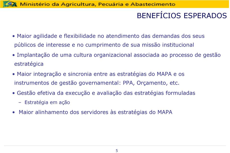 Maior integração e sincronia entre as estratégias do MAPA e os instrumentos de gestão governamental: PPA, Orçamento, etc.