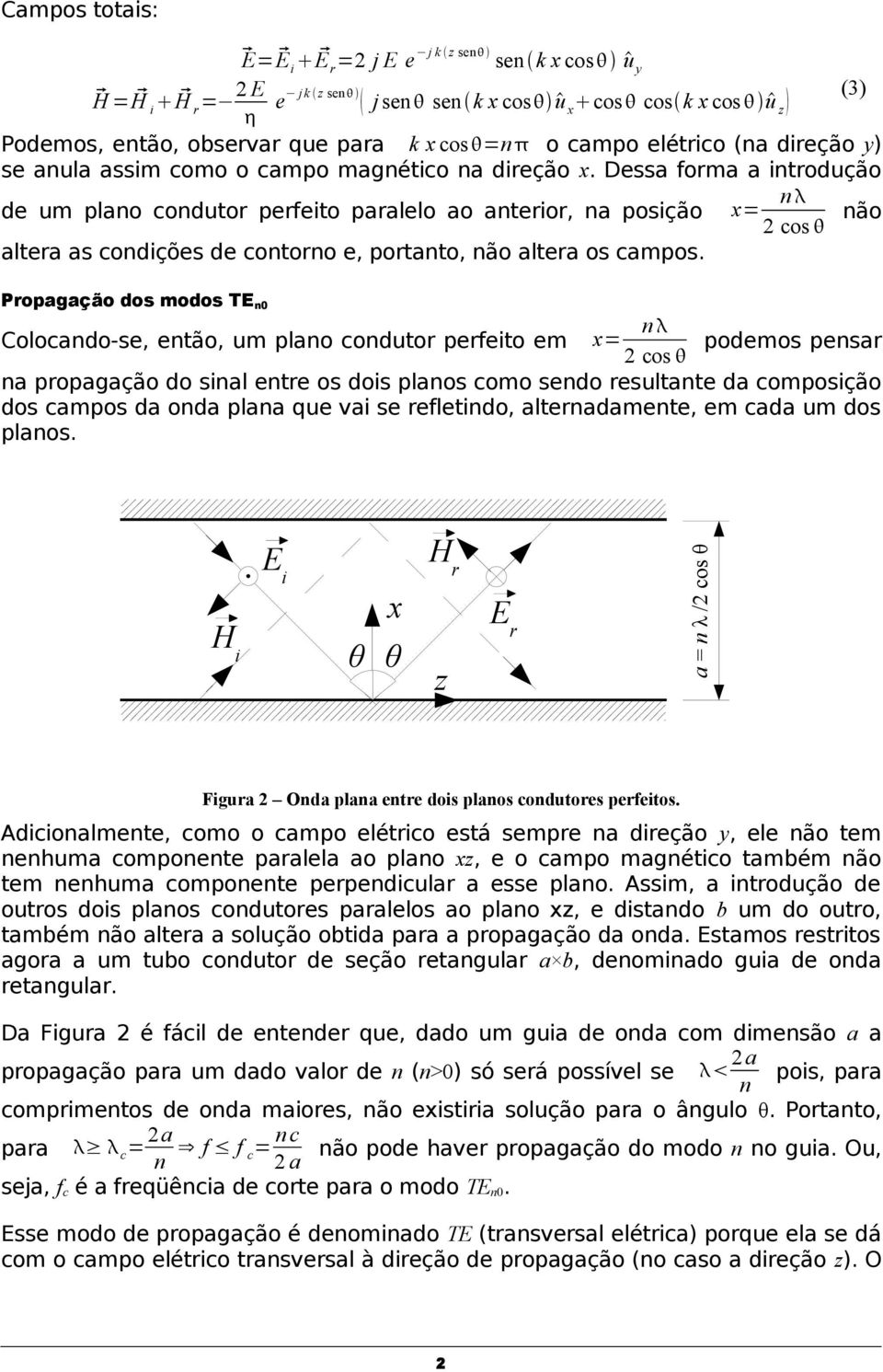 Dessa forma a introdução de um plano condutor perfeito paralelo ao anterior, na posição x= n 2 cos não altera as condições de contorno e, portanto, não altera os campos.