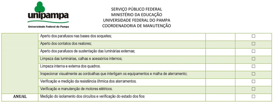 Inspecionar visualmente as cordoalhas que interligam os equipamentos e malha de aterramento; Verificação e medição da