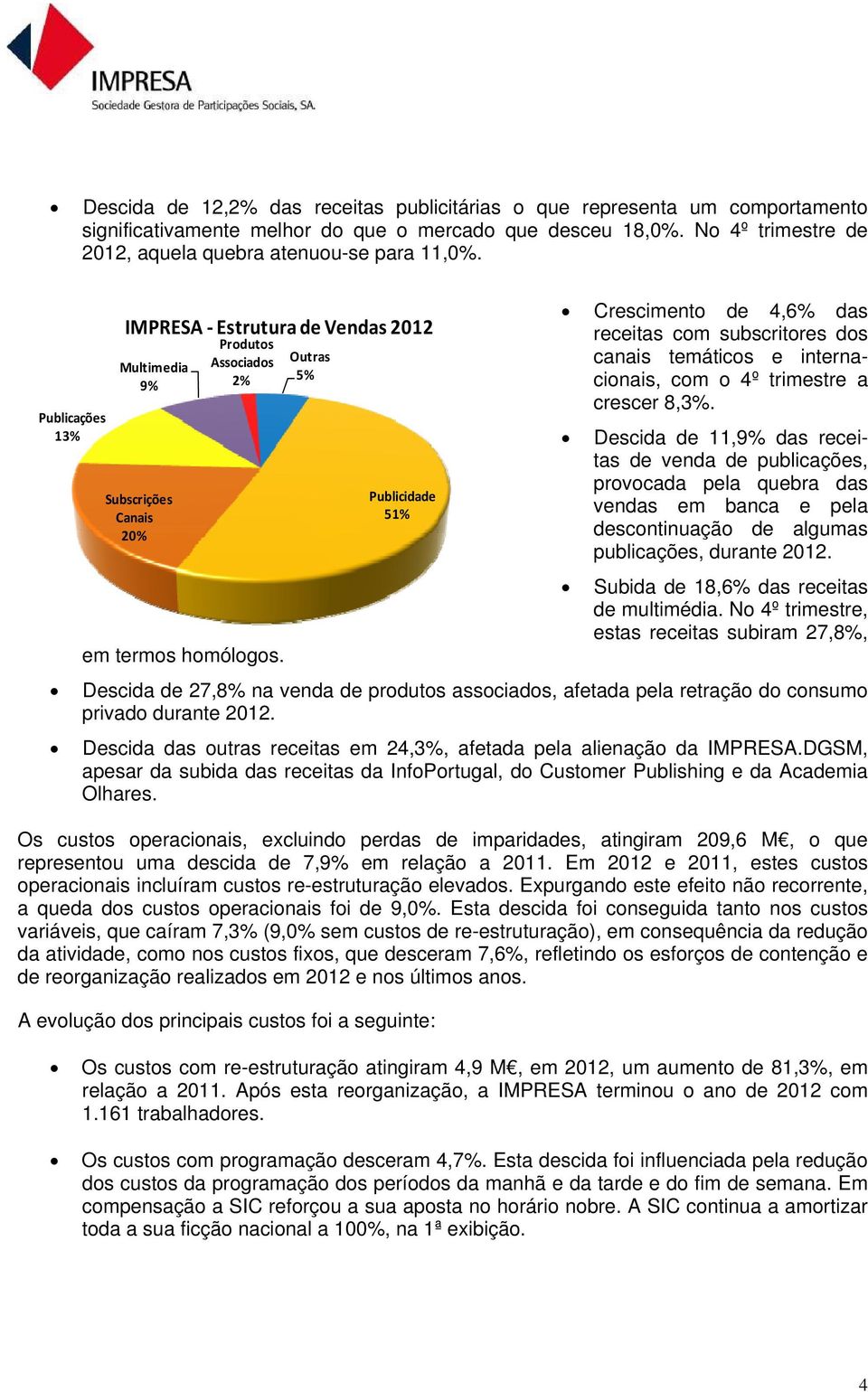 Outras 5% Publicidade 51% Crescimento de 4,6% das receitas com subscritores dos canais temáticos e internacionais, com o 4º trimestre a crescer 8,3%.