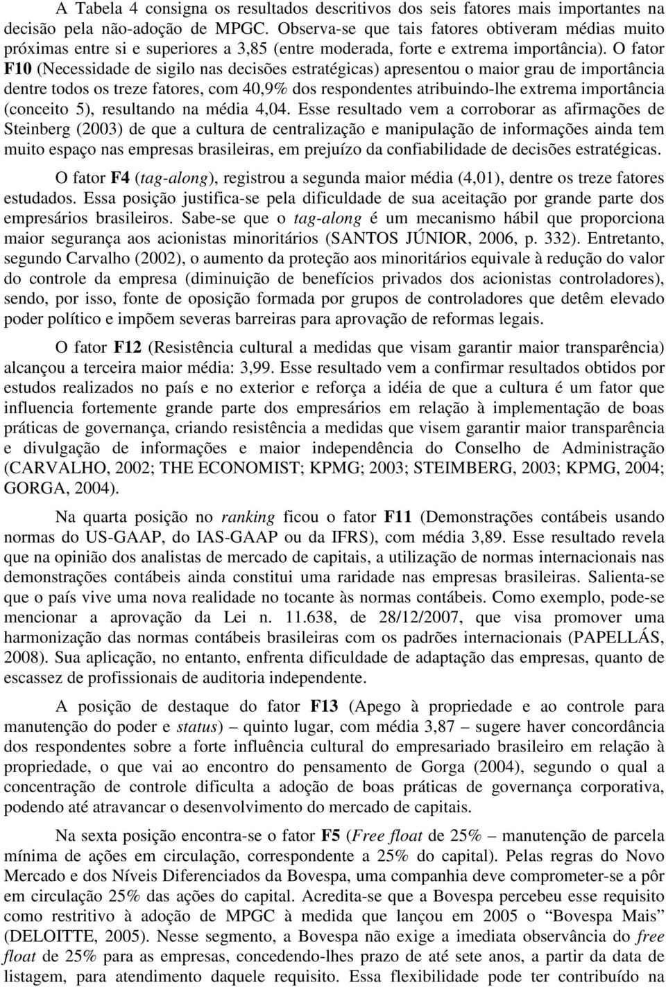 O fator F10 (Necessidade de sigilo nas decisões estratégicas) apresentou o maior grau de importância dentre todos os treze fatores, com 40,9% dos respondentes atribuindo-lhe extrema importância