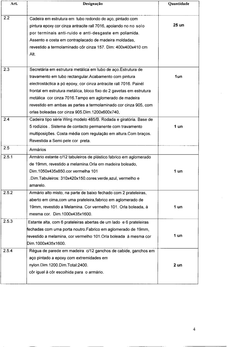 Assento e costa em contraplacado de madeira moldadas, revestido a termolaminado cor cinza 157. Dim: 400x400x410 cm Alt. 25 un 2.3 Secretária em estrutura metálica em tubo de aço.