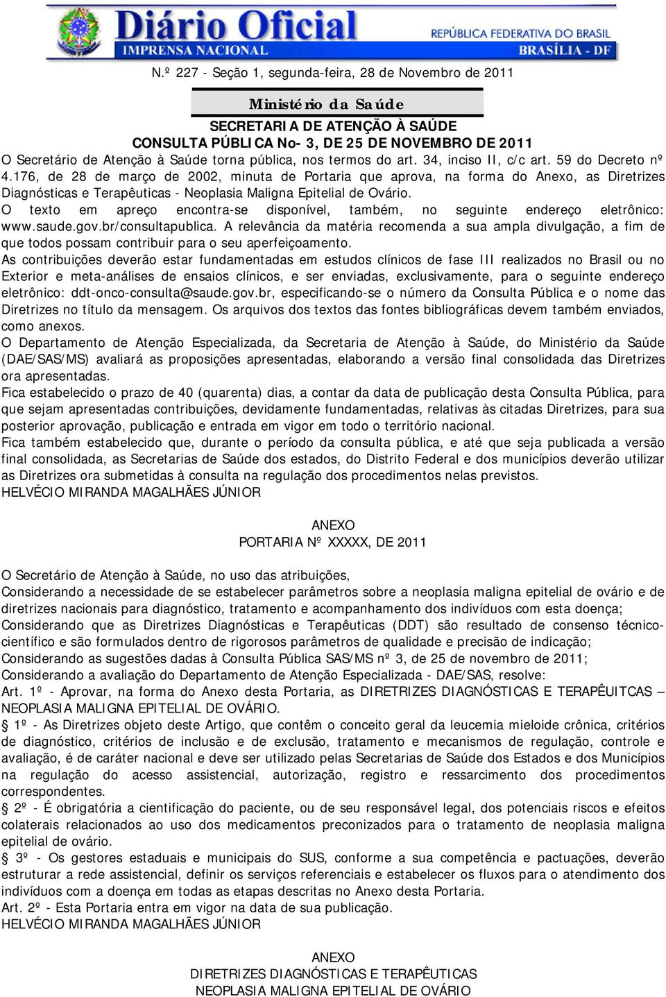 176, de 28 de março de 2002, minuta de Portaria que aprova, na forma do Anexo, as Diretrizes Diagnósticas e Terapêuticas - Neoplasia Maligna Epitelial de Ovário.