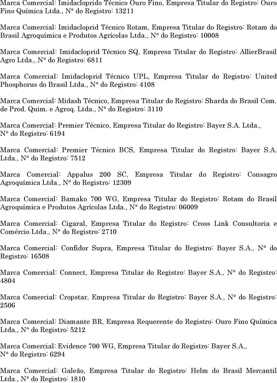 , N do Registro: 10008 Marca Comercial: Imidacloprid Técnico SQ, Empresa Titular do Registro: AllierBrasil Agro Ltda.