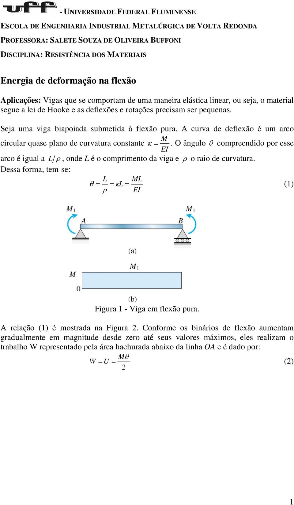 Seja uma vga bapoada submetda à flexão pura. A curva de deflexão é um arco M crcular quase plano de curvatura constante κ =.