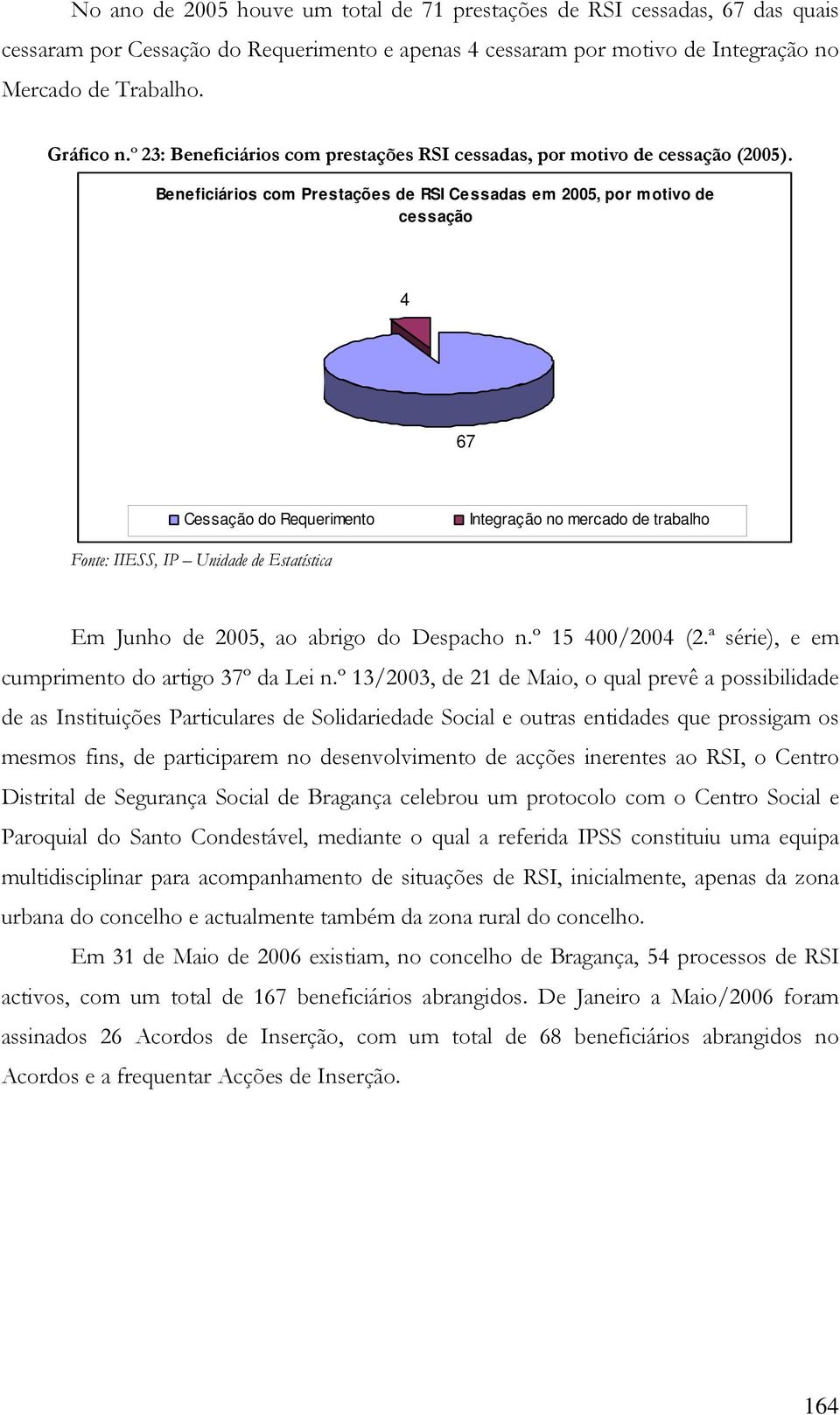 Beneficiários com Prestações de RSI Cessadas em 25, por motivo de cessação 4 67 Cessação do Requerimento Integração no mercado de trabalho Em Junho de 25, ao abrigo do Despacho n.º 15 4/24 (2.