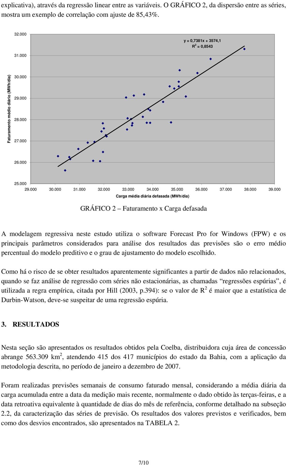 000 Carga média diária defasada (MWh/dia) GRÁFICO 2 Faturamento x Carga defasada A modelagem regressiva neste estudo utiliza o software Forecast Pro for Windows (FPW) e os principais parâmetros