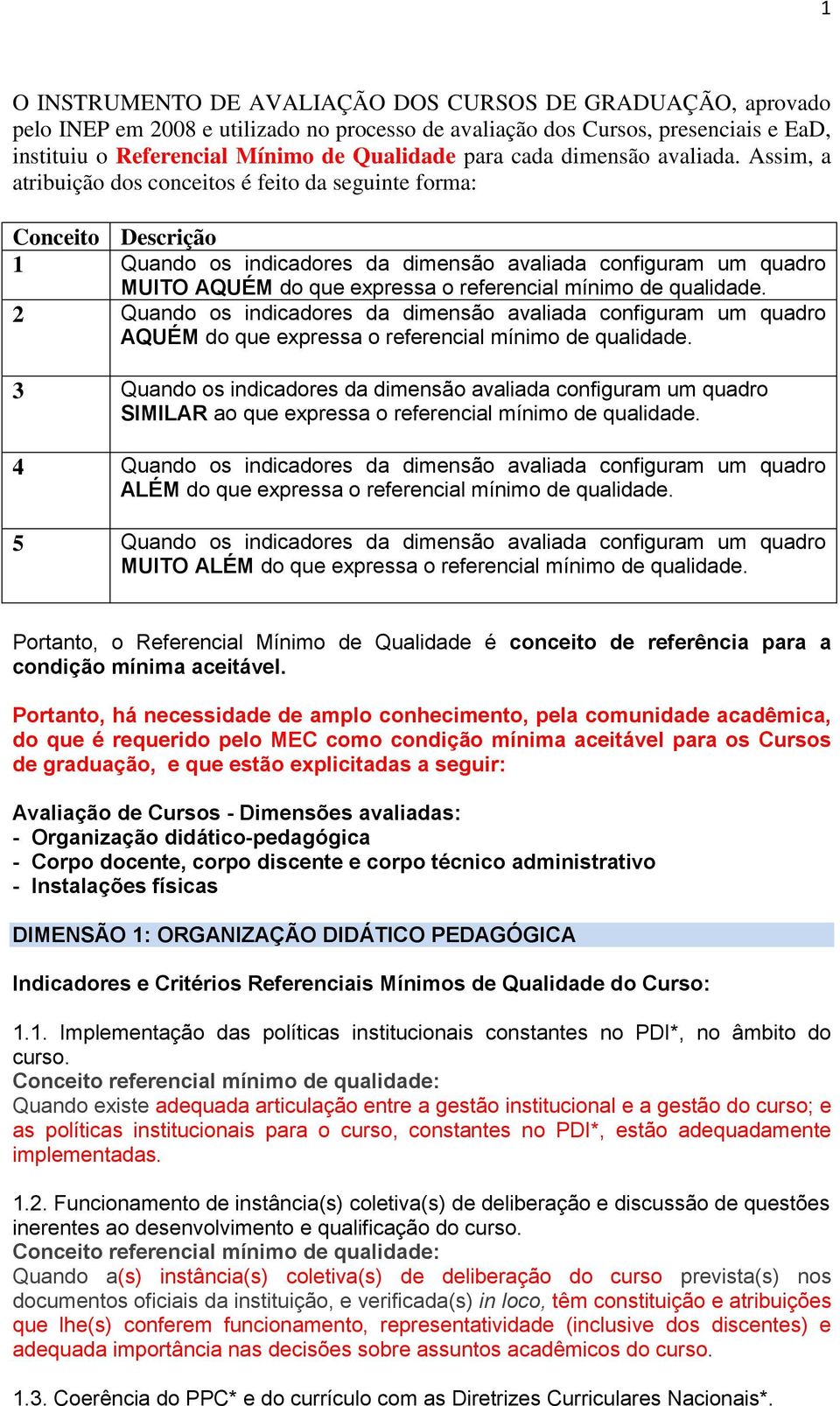 Assim, a atribuição dos conceitos é feito da seguinte forma: Conceito Descrição 1 Quando os indicadores da dimensão avaliada configuram um quadro MUITO AQUÉM do que expressa o referencial mínimo de