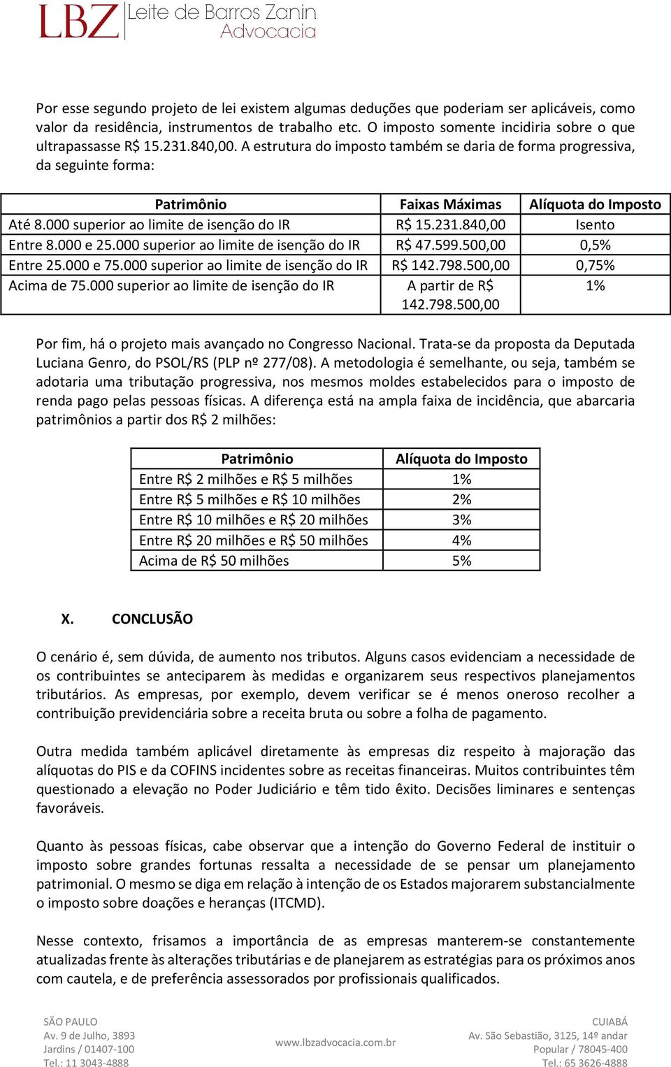 A estrutura do imposto também se daria de forma progressiva, da seguinte forma: Patrimônio Faixas Máximas Alíquota do Imposto Até 8.000 superior ao limite de isenção do IR R$ 15.231.