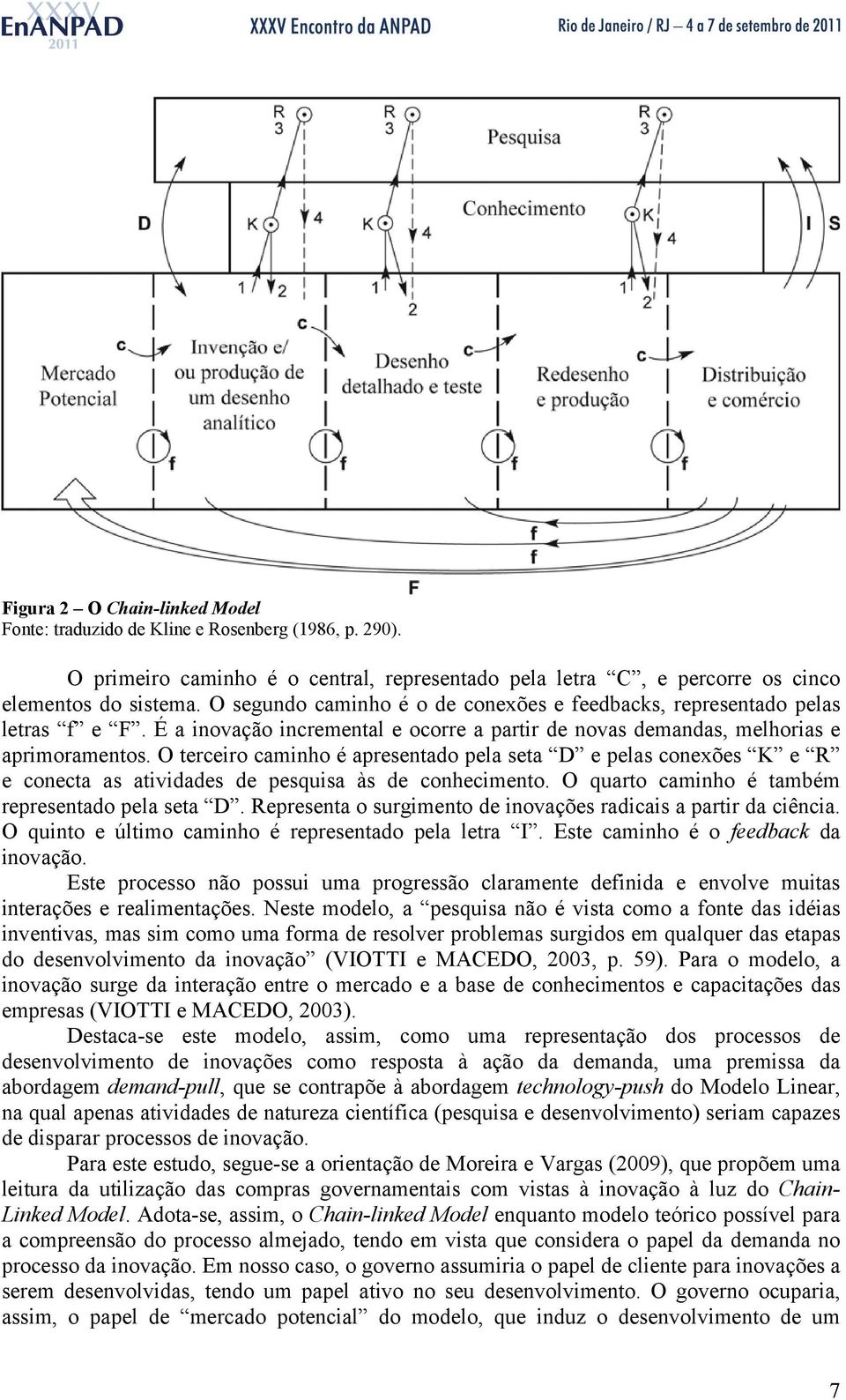 O terceiro caminho é apresentado pela seta D e pelas conexões K e R e conecta as atividades de pesquisa às de conhecimento. O quarto caminho é também representado pela seta D.