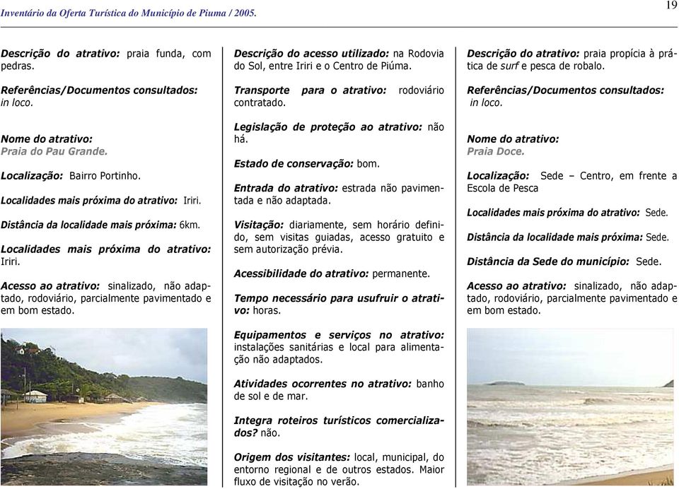 Descrição do acesso utilizado: na Rodovia do Sol, entre Iriri e o Centro de Piúma. Transporte para o atrativo: rodoviário contratado. Legislação de proteção ao atrativo: não há.