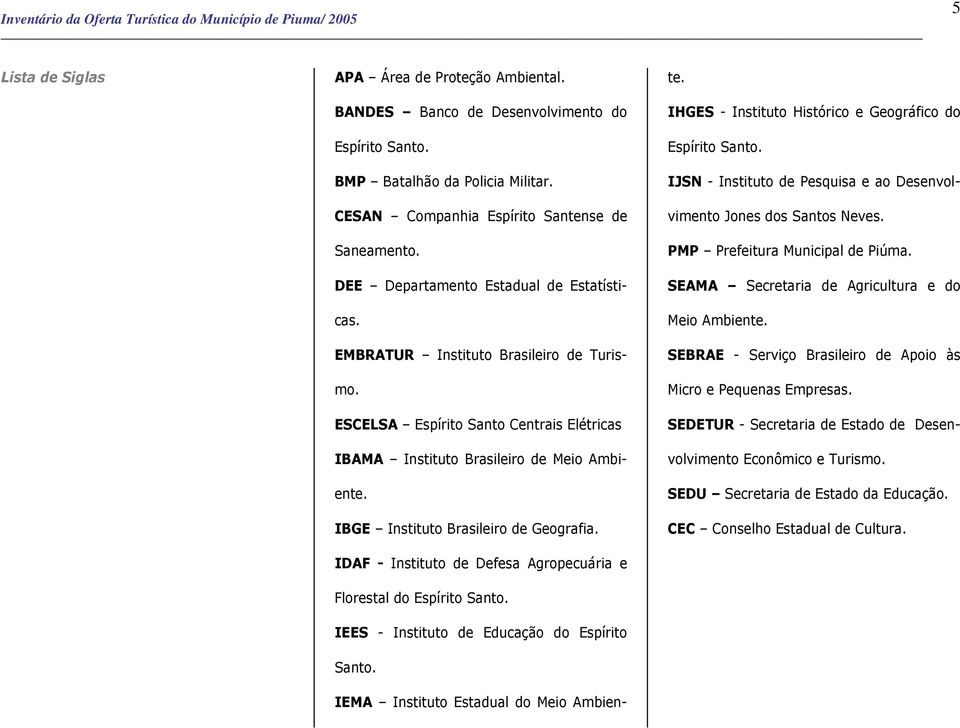 ESCELSA Espírito Santo Centrais Elétricas IBAMA Instituto Brasileiro de Meio Ambiente. IBGE Instituto Brasileiro de Geografia. IDAF - Instituto de Defesa Agropecuária e Florestal do Espírito Santo.