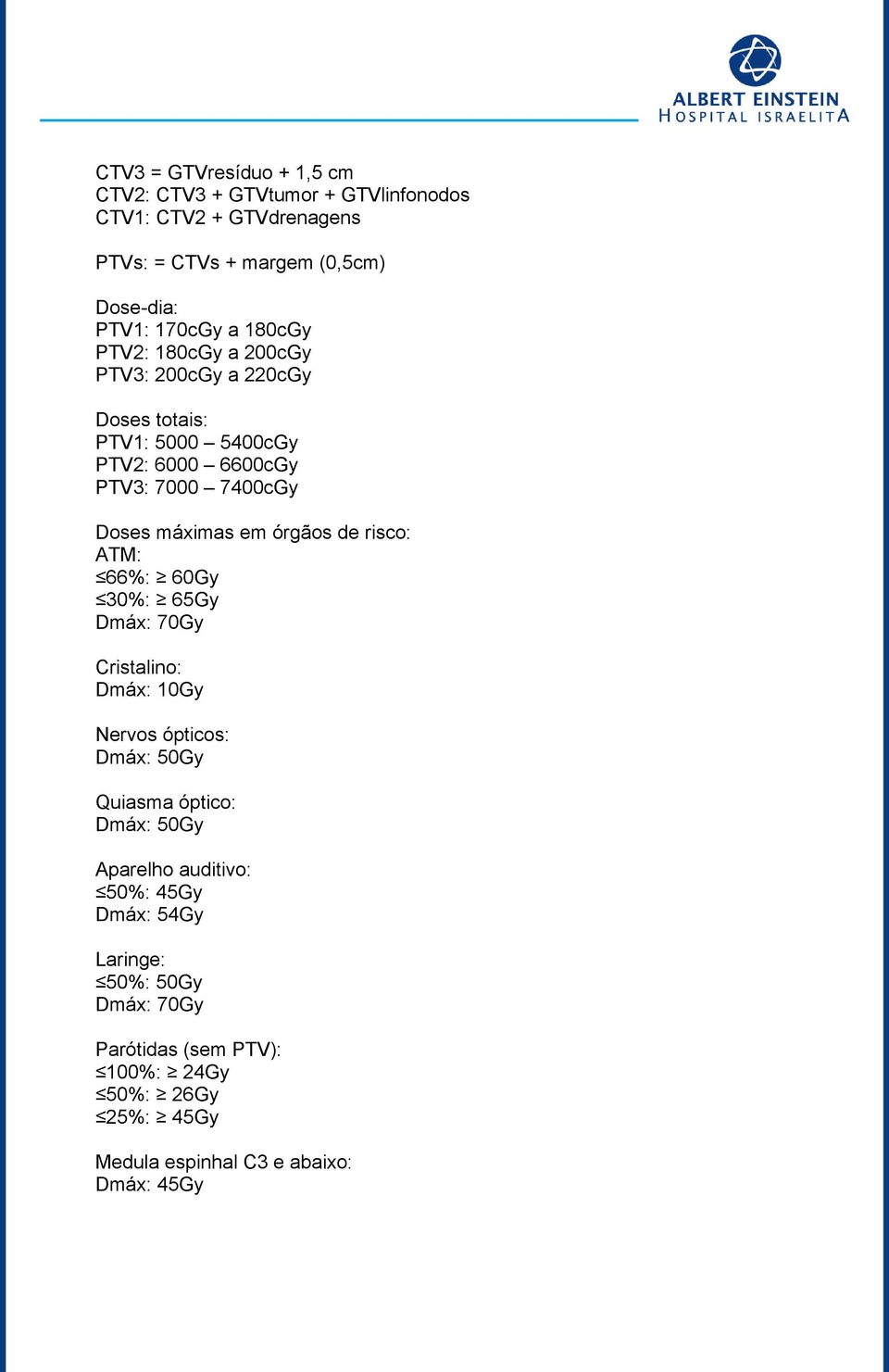 máximas em órgãos risco: ATM: 66%: 60Gy 30%: 65Gy Dmáx: 70Gy Cristalino: Dmáx: 10Gy Nervos ópticos: Dmáx: 50Gy Quiasma óptico: Dmáx: 50Gy